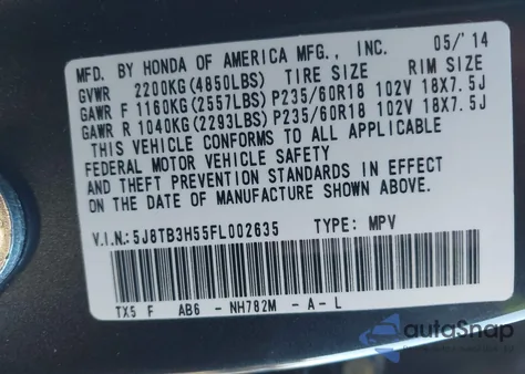 2015 Acura Rdx z USA, uszkodzony, nr VIN 5J8TB3H55FL002635